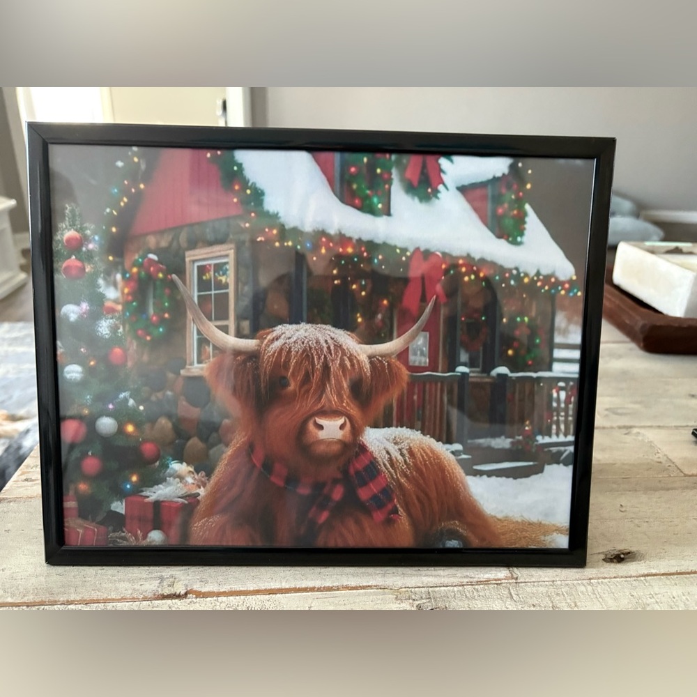 Christmas Highland Cow in Cabin Door Framed Print 8x10 -Cozy Lodge Holiday Decor
